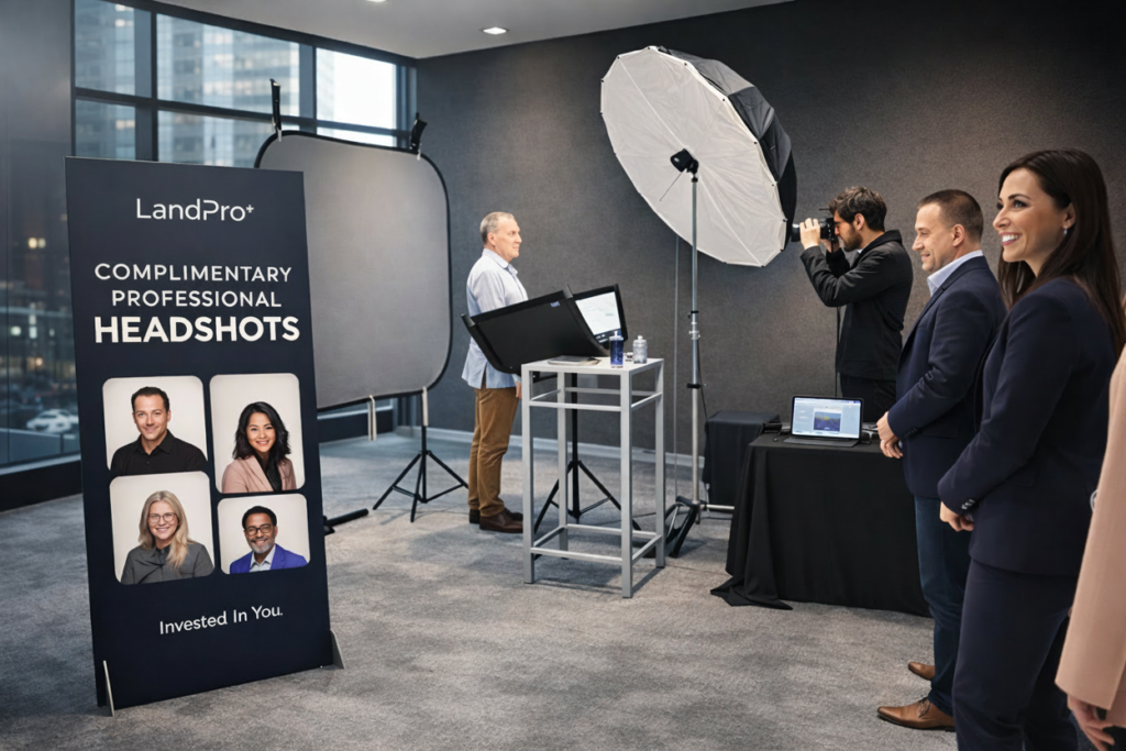 Professional corporate headshot station with studio lighting for LinkedIn portraits
