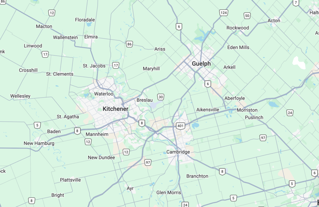 PartyPix service coverage area including Kitchener, Waterloo, Cambridge, and Guelph