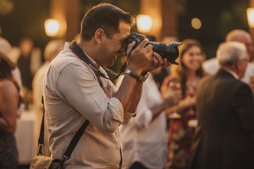 Roaming event photographer capturing moments with instant print delivery at corporate event